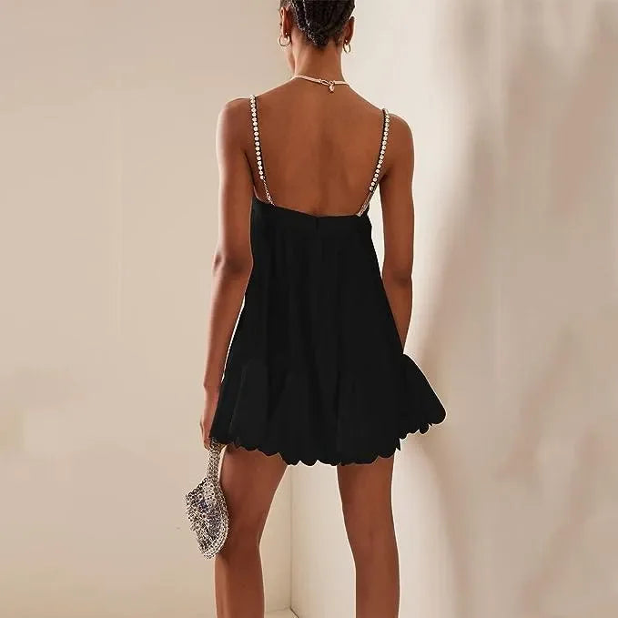 Astrid Black Poplin Scalloped Hem Mini Dress