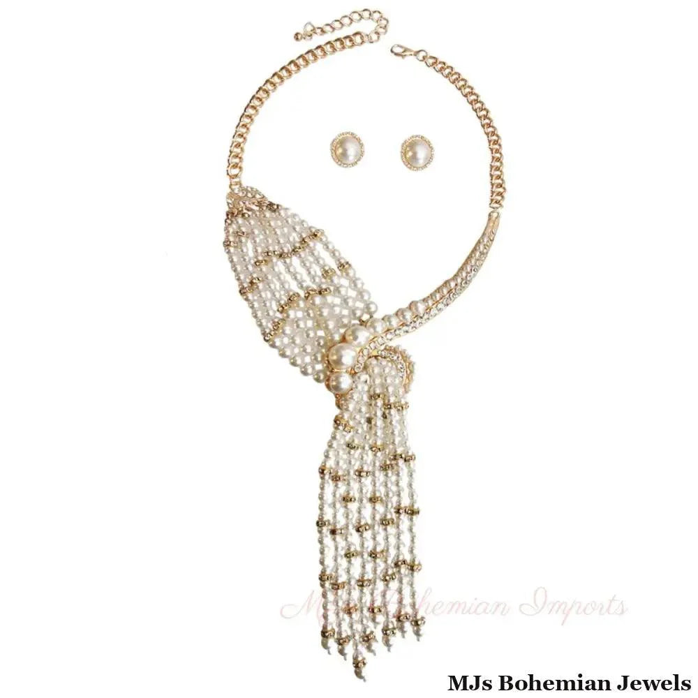 Asymmetric Pearl and Rhinestone Knot Necklace Set