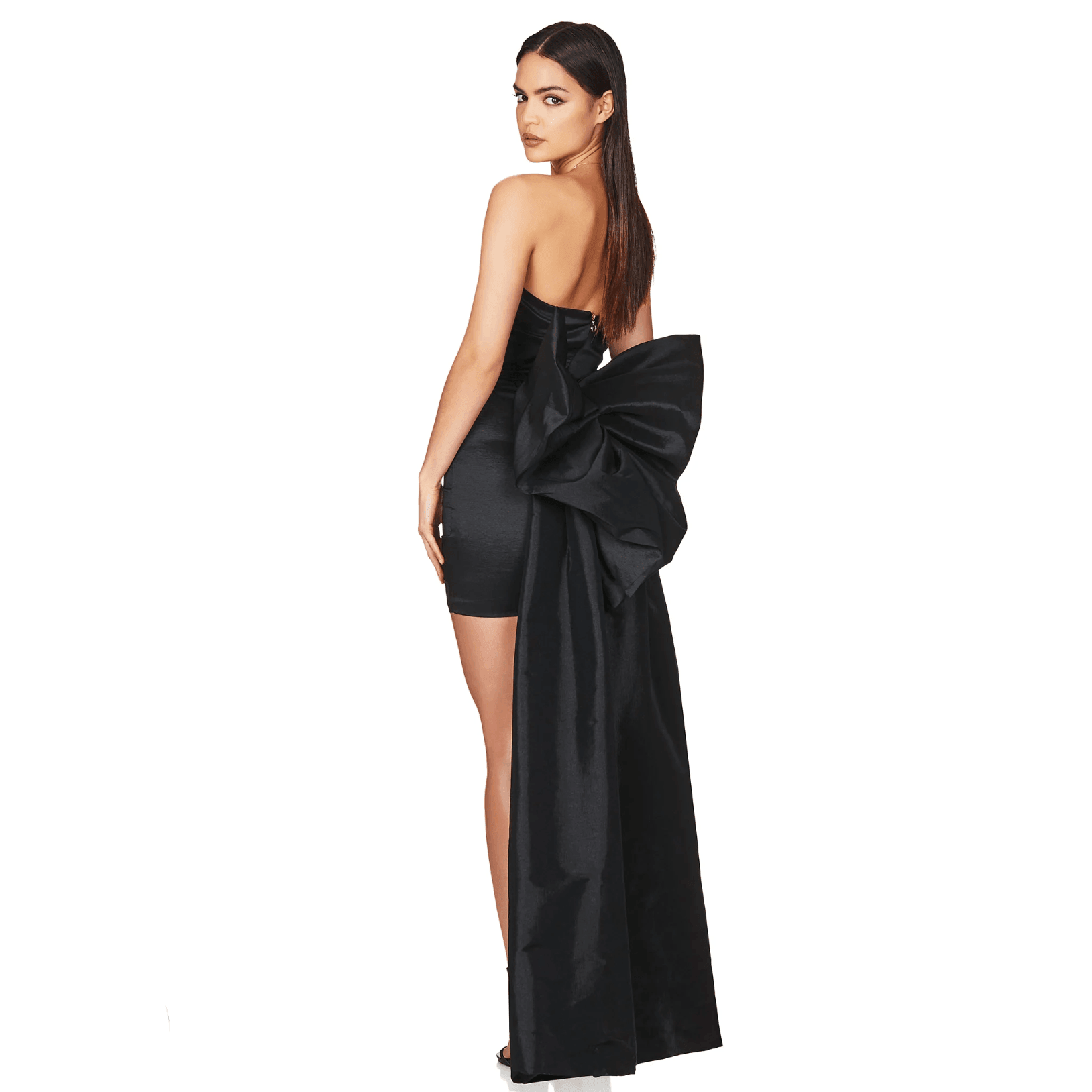 Away to Wonderland Black Satin Mini Dress with Oversized Bow