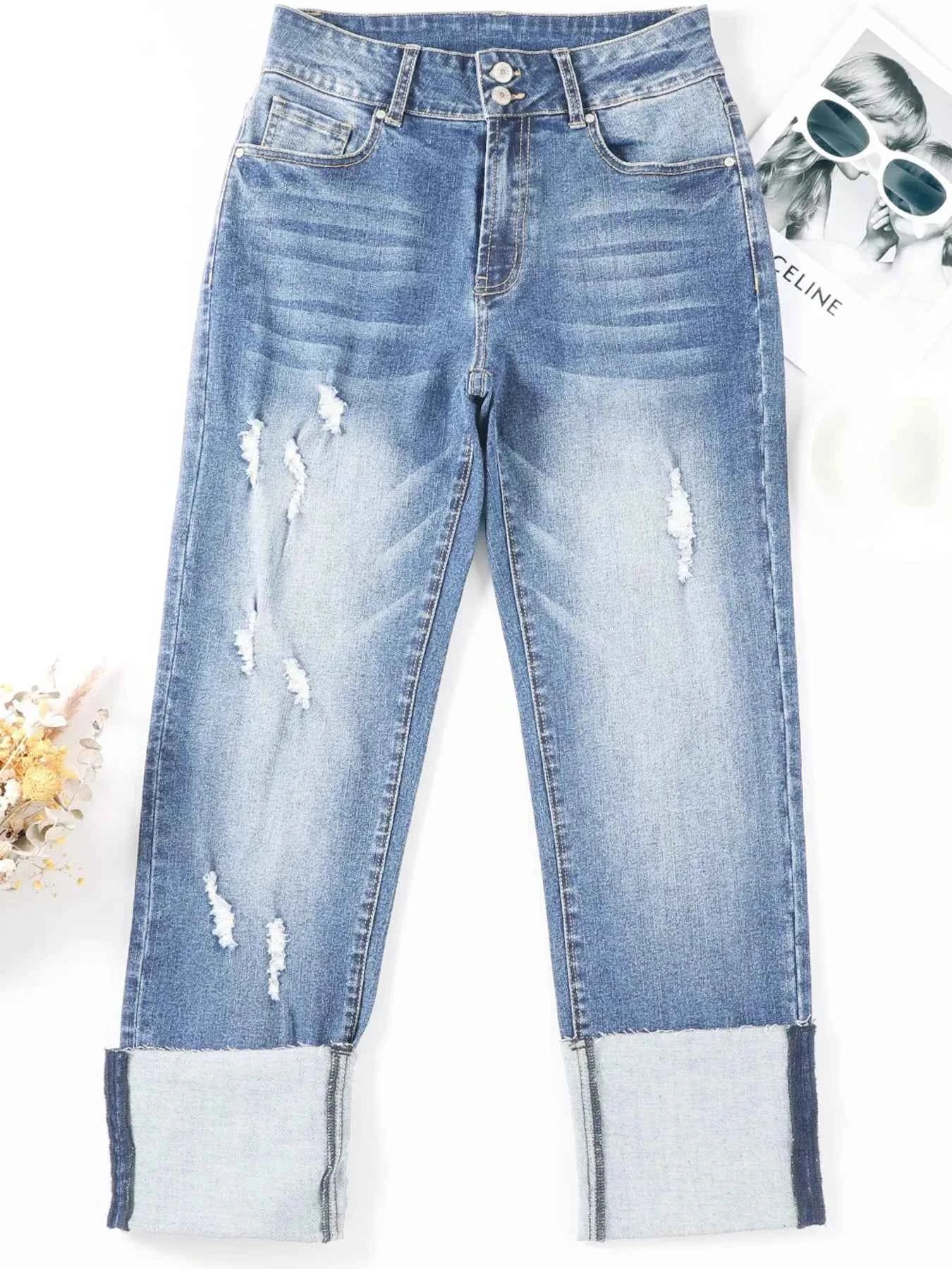 High Waist Distressed Straight Leg Jeans
