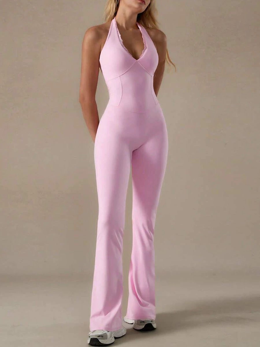 Lace Neckline Yoga Clothes Trousers Running Sports Neck-hanging Jumpsuit