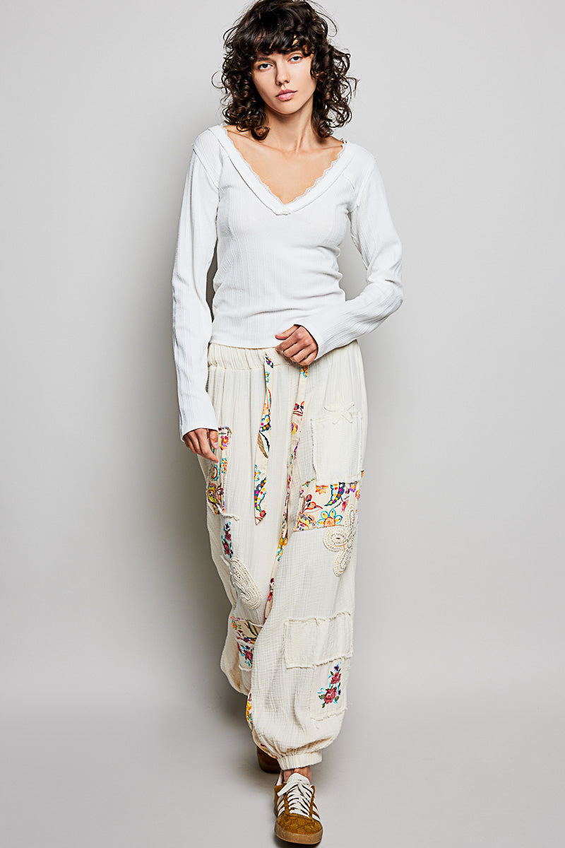 White V-Neck Ribbed Long Sleeve Top with Lace Trim Neckline