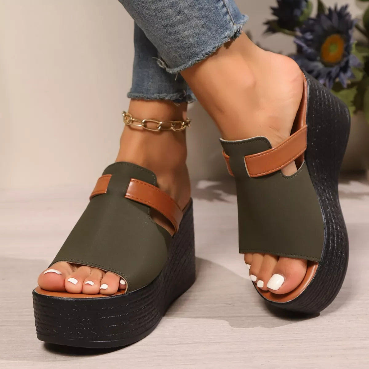 Women's Open Toe Platform Wedge Sandals PU Leather Slide Heels