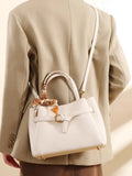 White PU Leather Top Handle Shoulder Bag with Scarf Accent