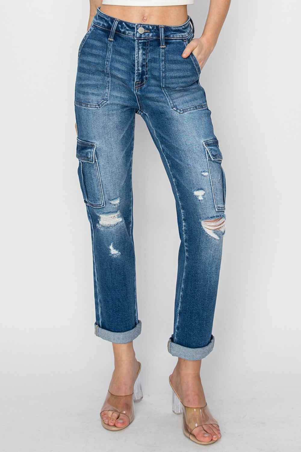 RISEN High Rise Cargo Straight Leg Jeans
