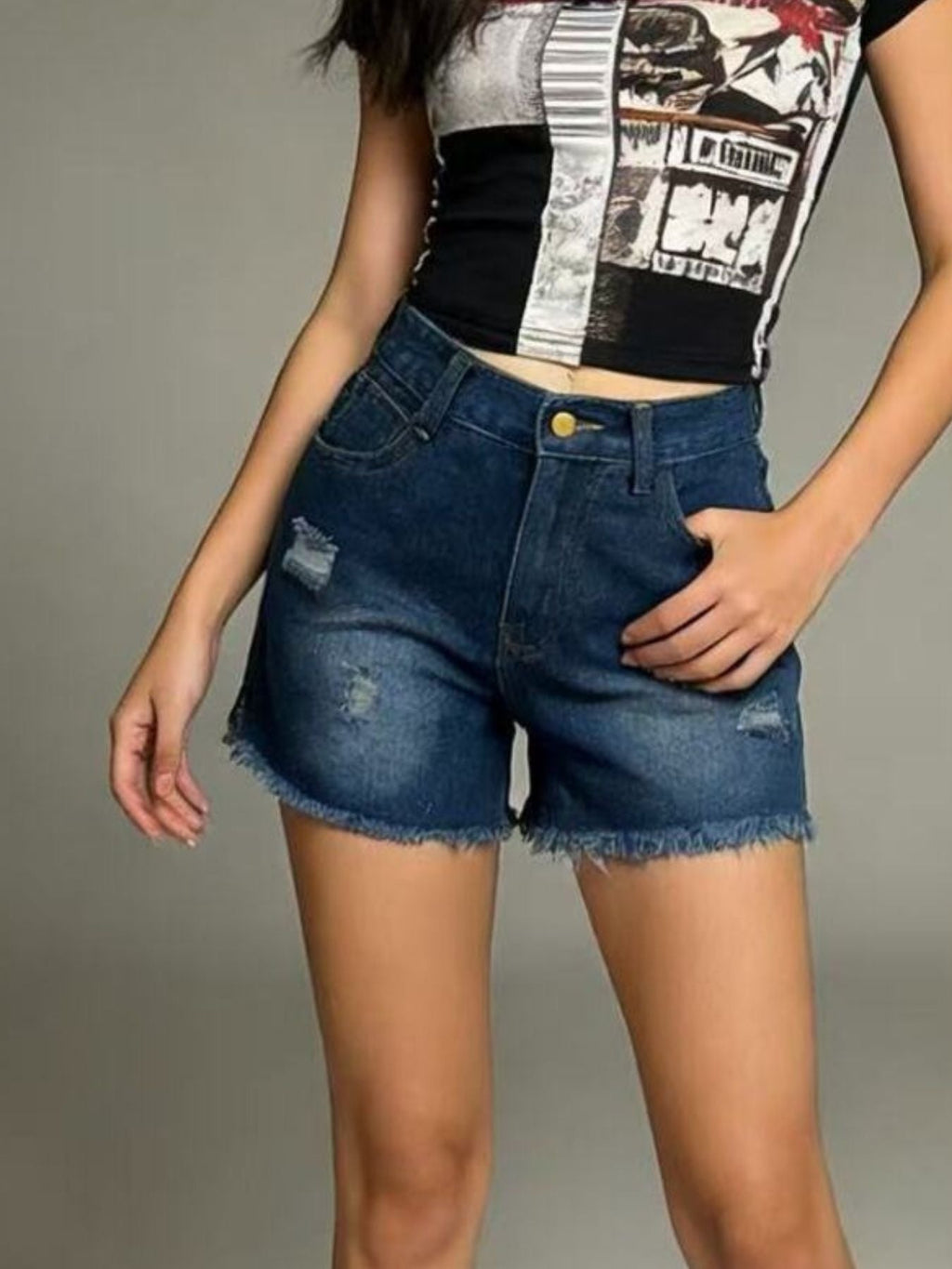 Women's High Rise Distressed Frayed Hem Denim Shorts