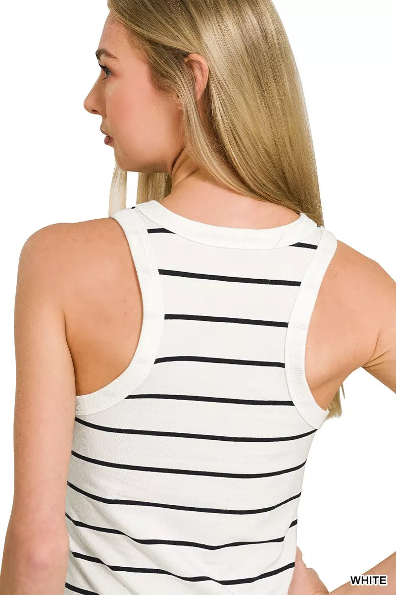 White Striped Round Neck Tank Top