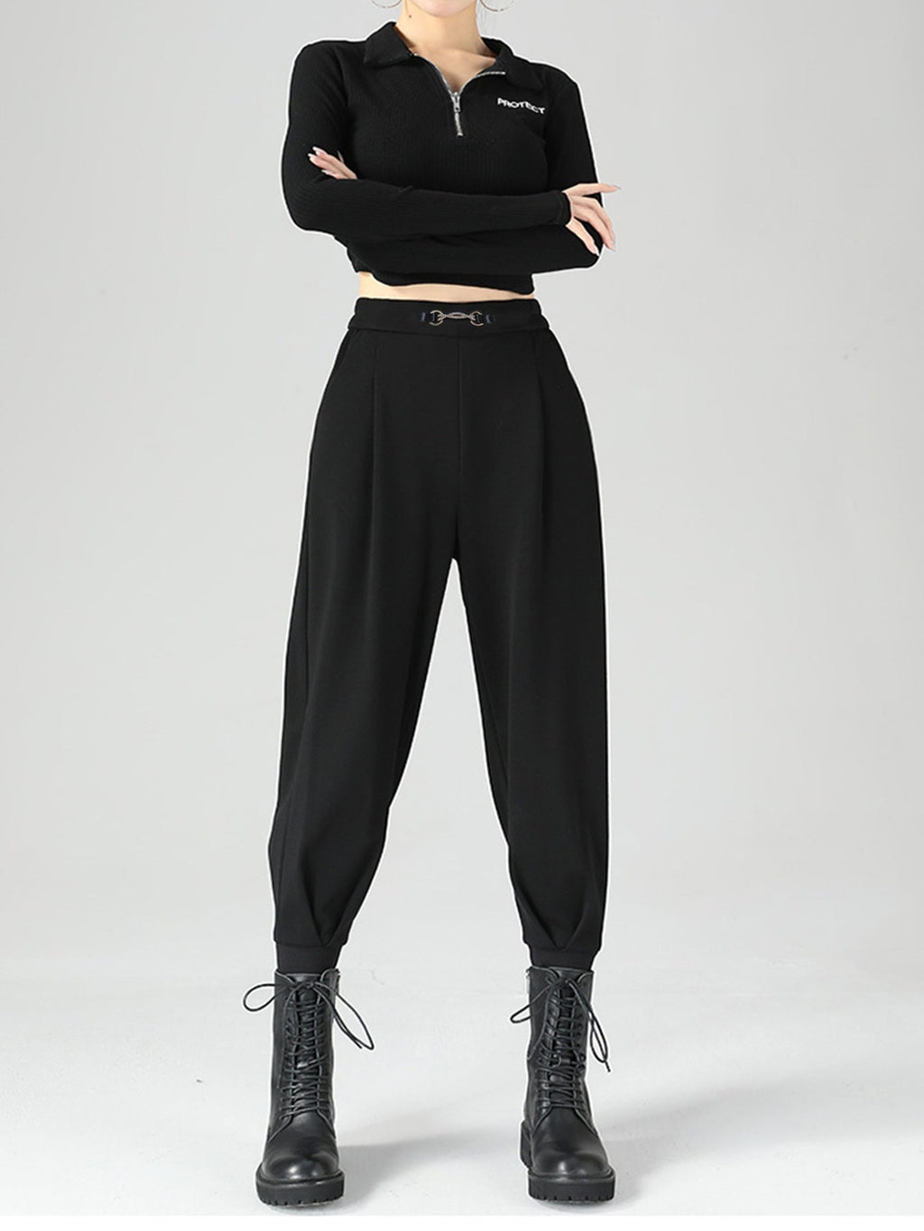 Women High-Waisted Buckle Detail Tapered Pants in Black