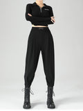 Women High-Waisted Buckle Detail Tapered Pants in Black
