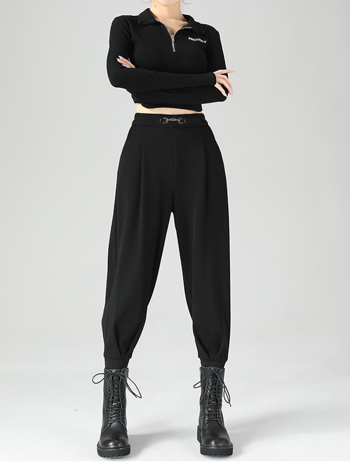 Women High-Waisted Buckle Detail Tapered Pants in Black
