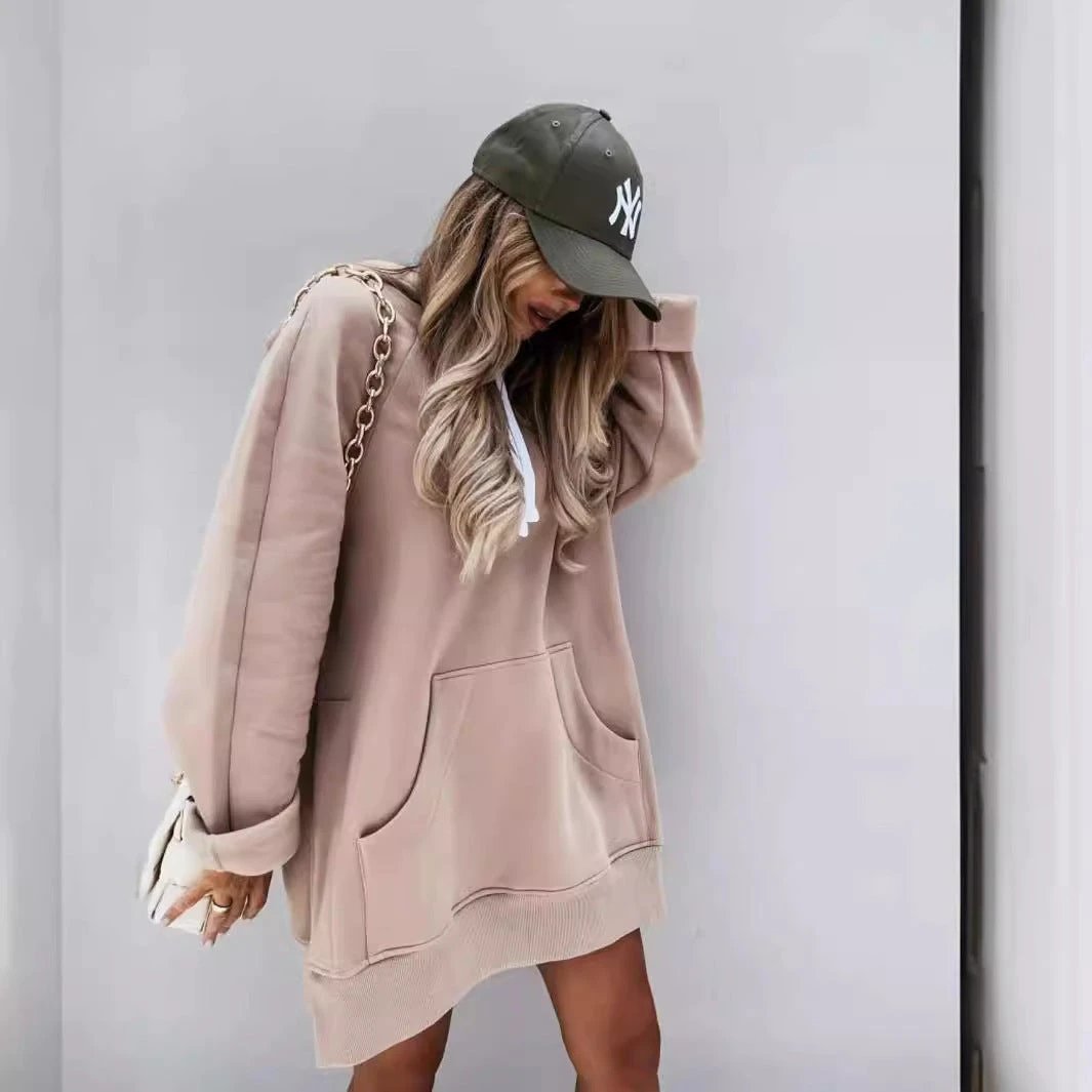 Women's Solid Color Hooded Mid-length Sweater