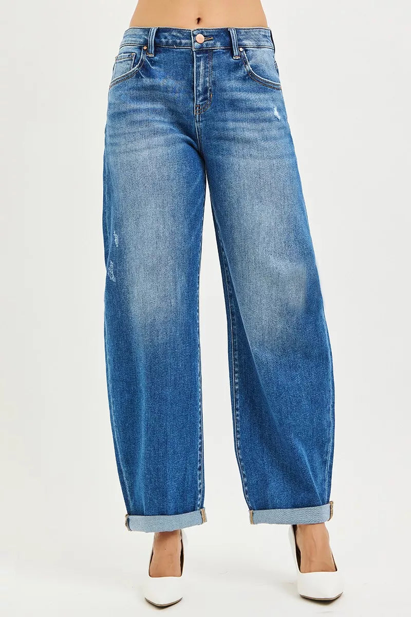 RISEN Plus Size Mid Rise Barrel Jeans With Double Roll Up Cuffs For Flattering All Day Comfort