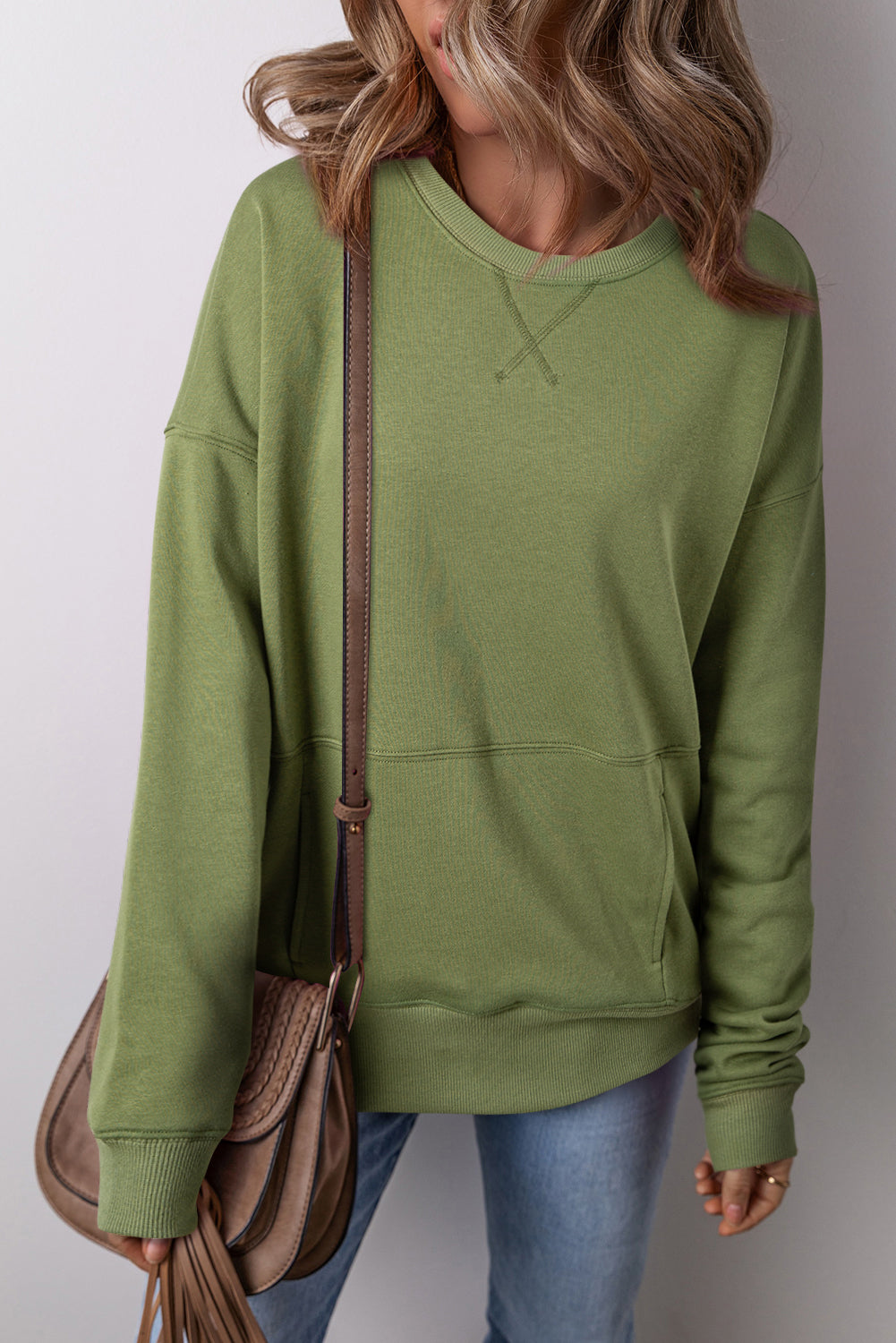Drop Shoulder Women's Sweatshirt - Crisscross Stitching with Pockets