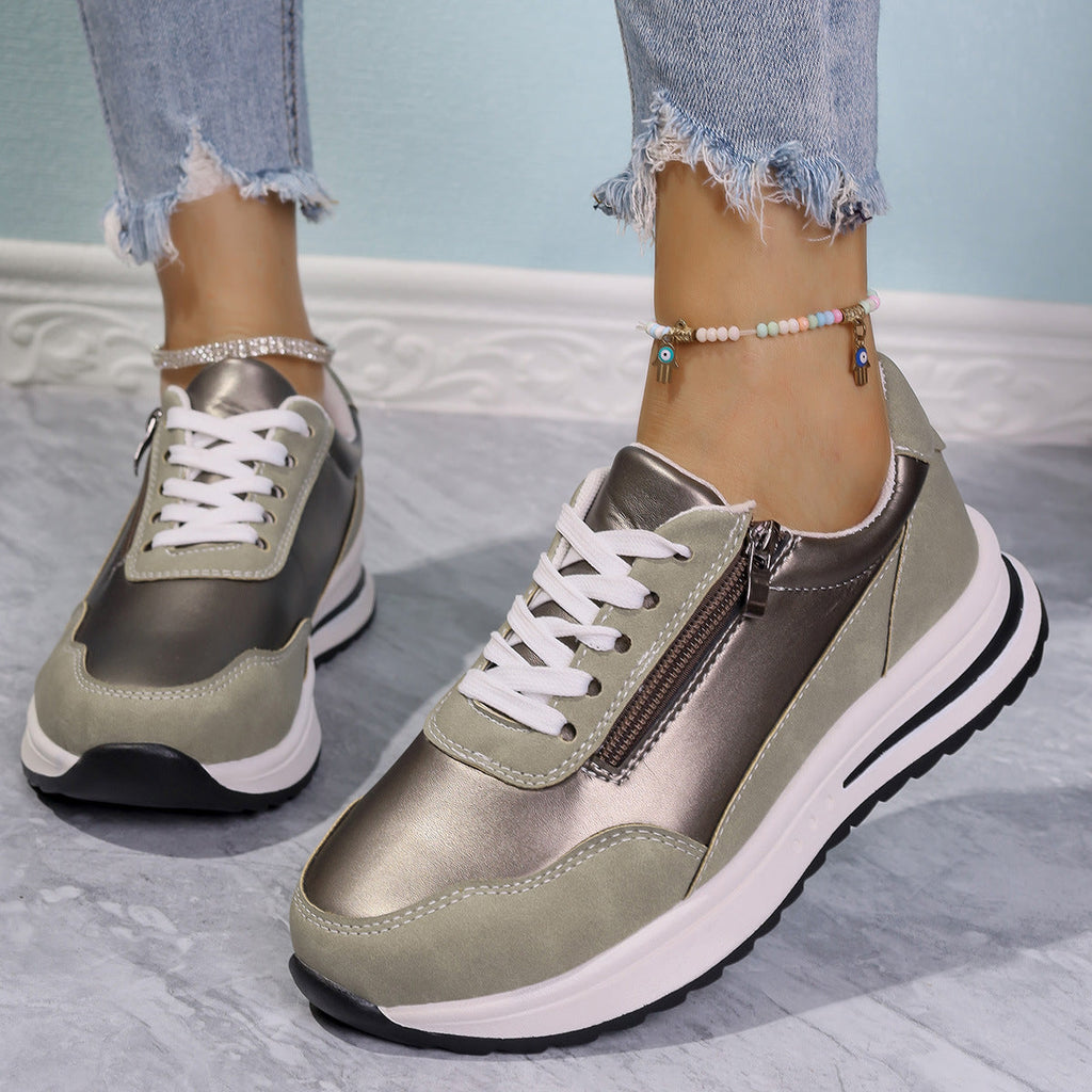 Women's Zipper Detail Lace Up Sneakers Casual Low Heel Shoes