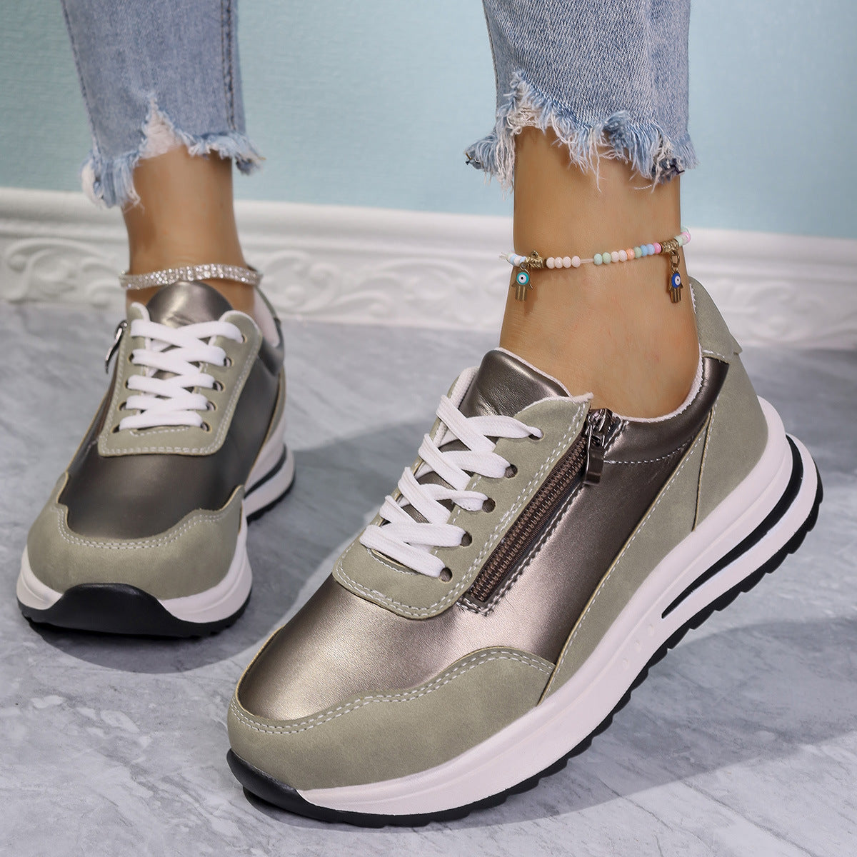 Women's Zipper Detail Lace Up Sneakers Casual Low Heel Shoes
