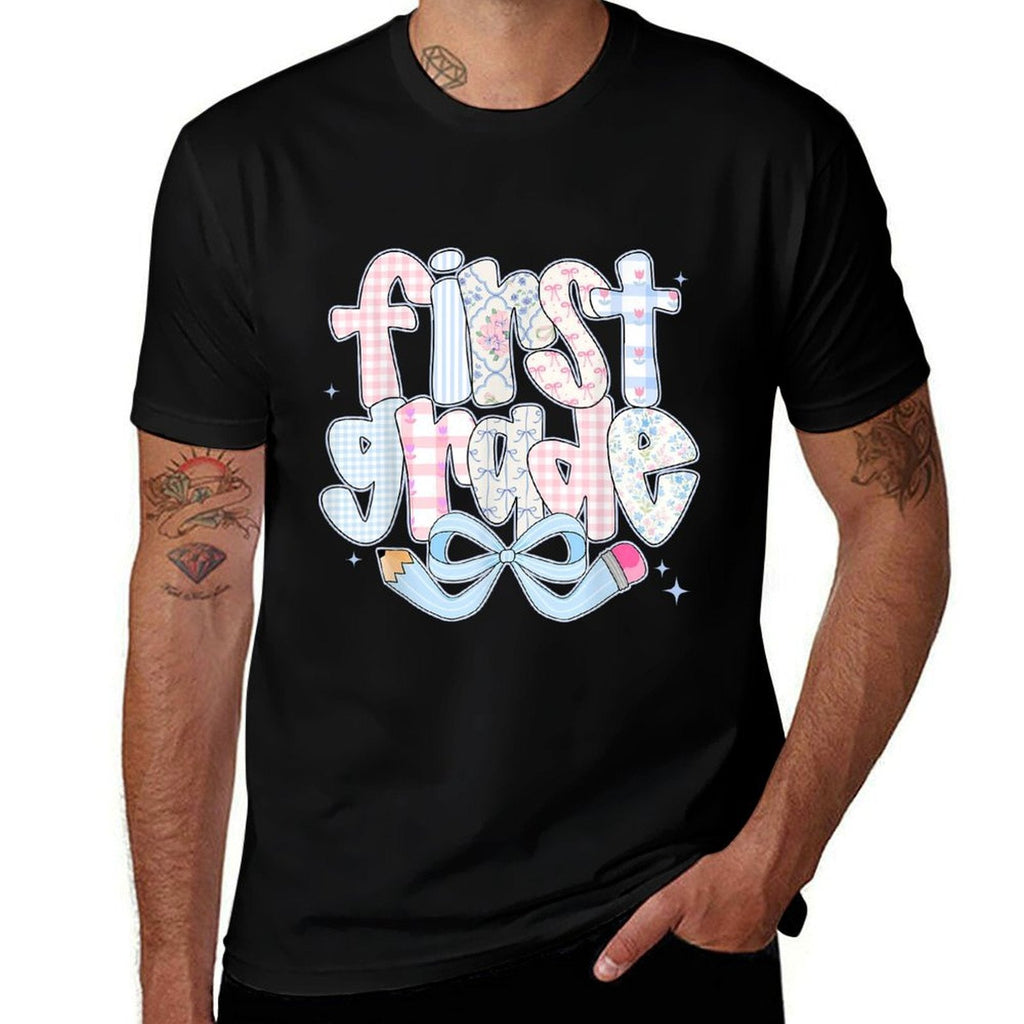 1st Grade Preppy Coquette Bow Girly Back To School Girl Kids  Slim-fit Cut T-Shirt