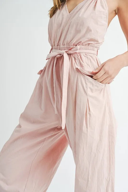 MABLE Washed Fabric Spaghetti Strap Waist Belted Jumpsuit