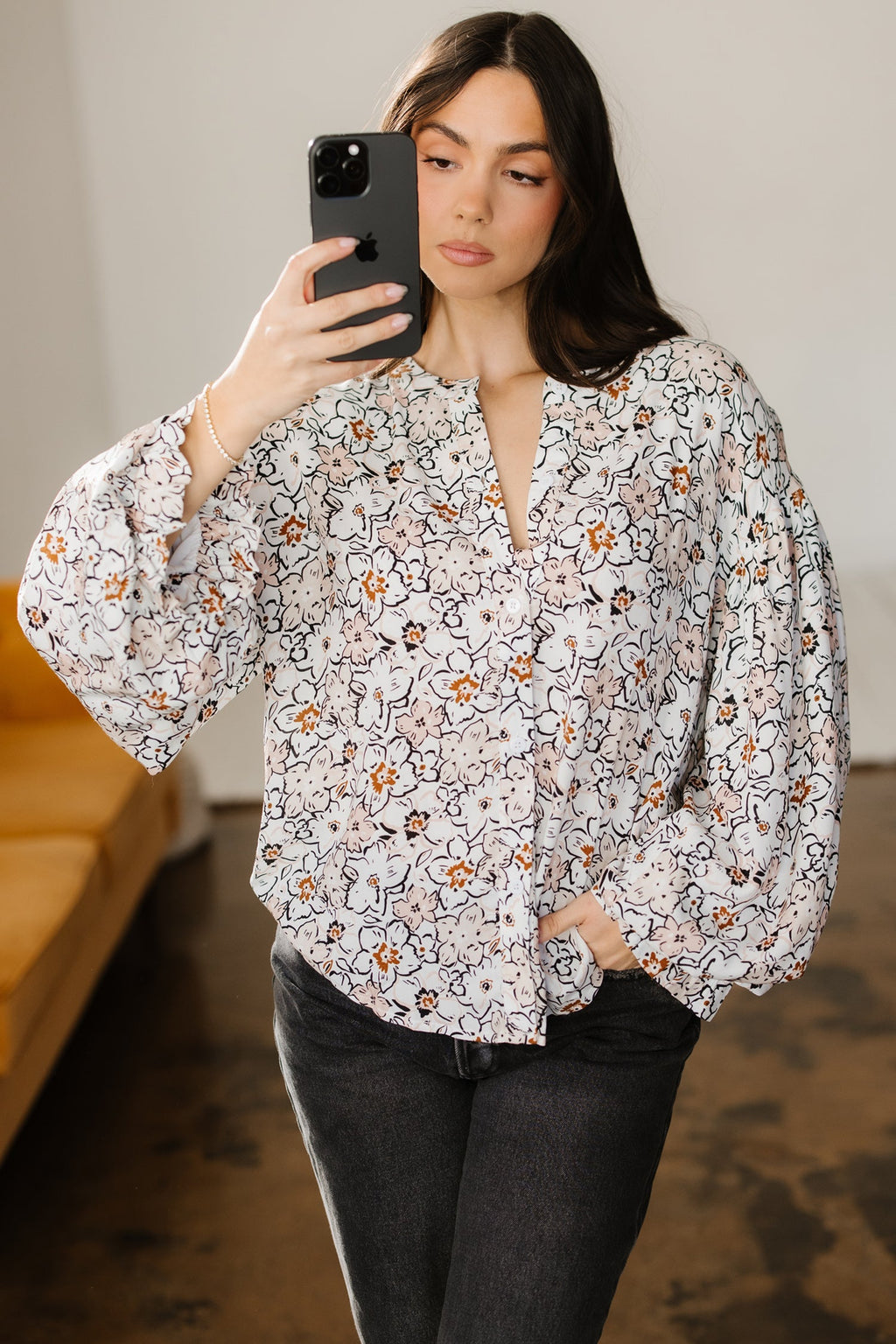 Khaki Bold Floral Print Frilled Puff Sleeve Button Down Women's Blouse