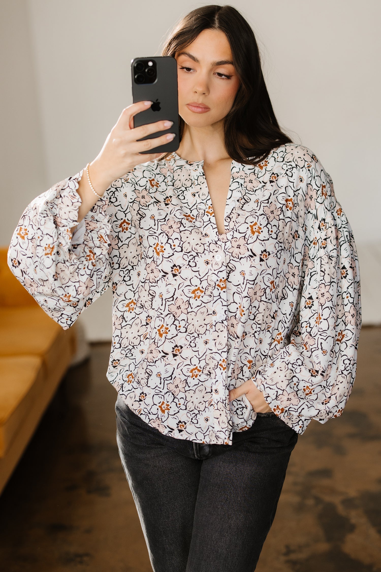 Khaki Bold Floral Print Frilled Puff Sleeve Button Down Women's Blouse