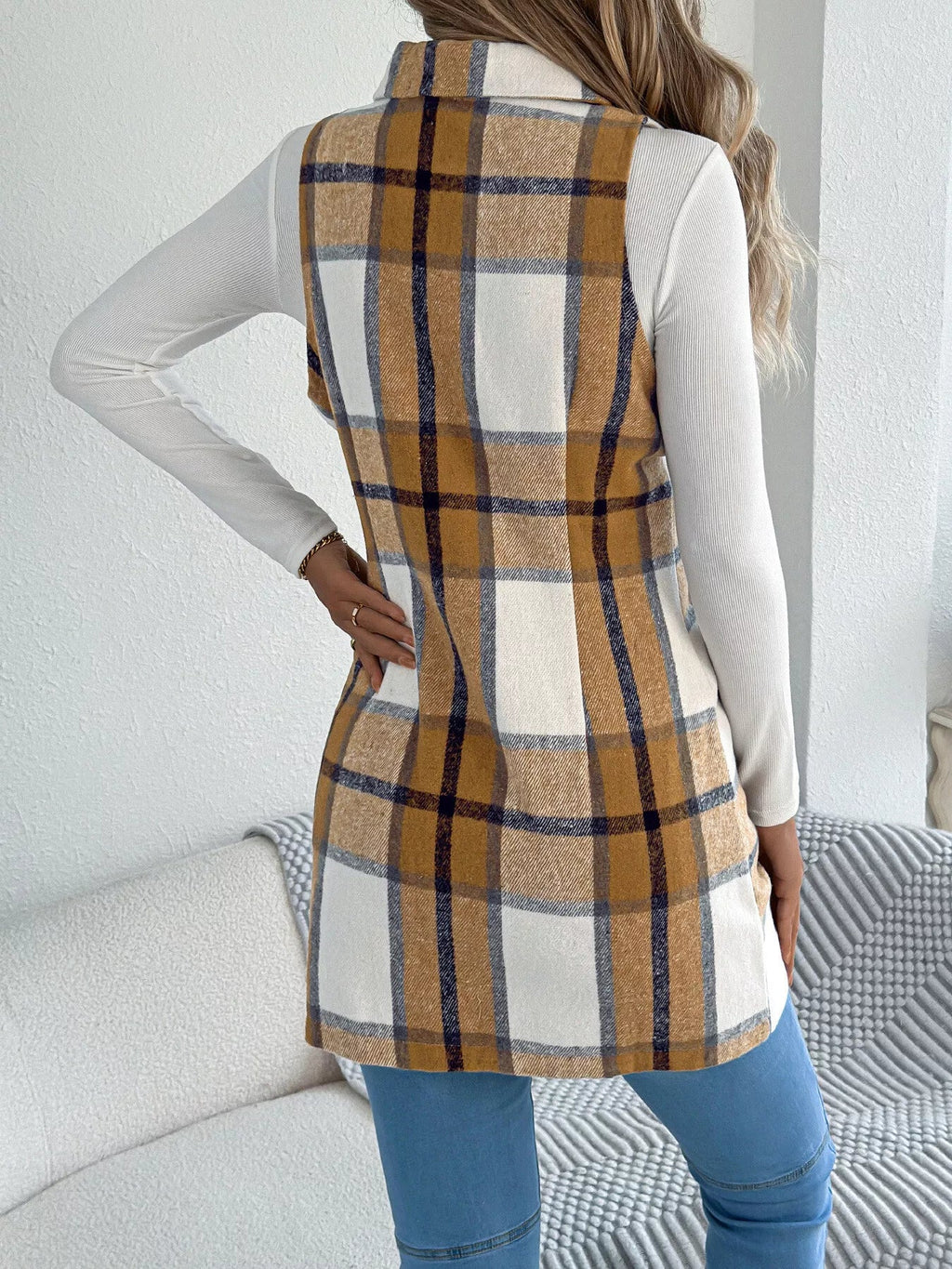 Women's Plaid Double-Breasted Vest Coat in Camel and White