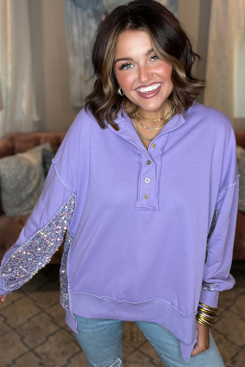 Bonbon Sequin Patchwork High Low Hem Henley Women's Sweatshirt
