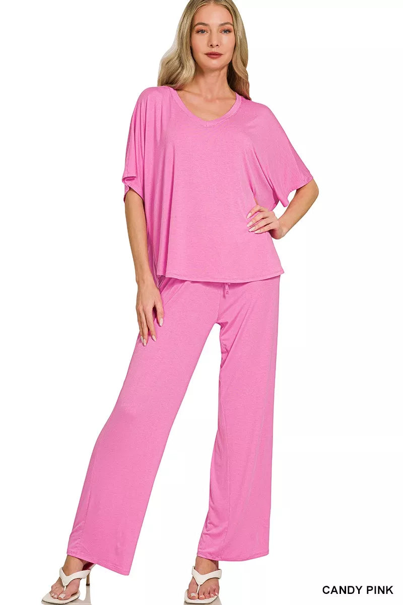 Zenana Oversized V-Neck Top & Pants Set