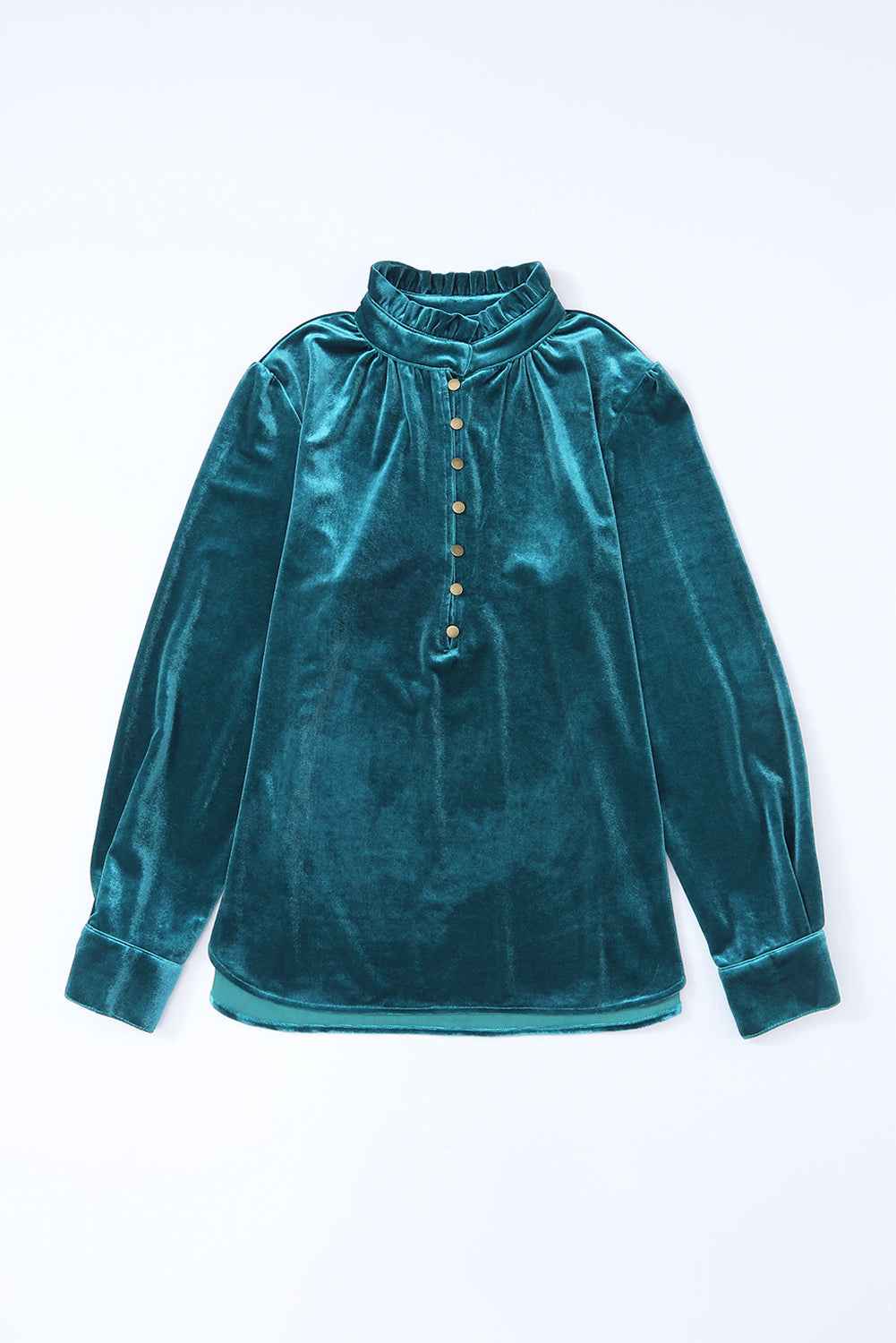 Green Frilled Neck Buttoned Front Velvet Women's Top