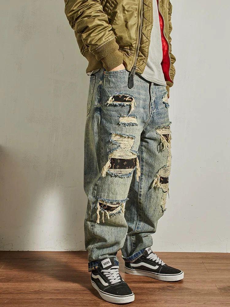 Men's Loose Straight Tapered Distressed Broken Holes Jeans