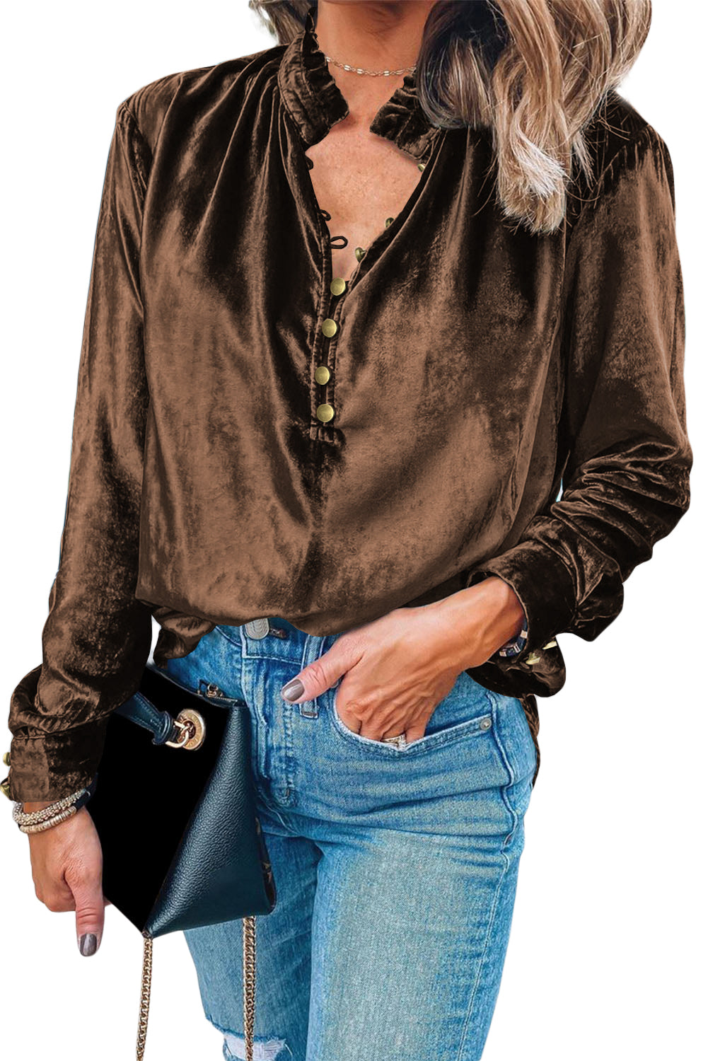 Green Frilled Neck Buttoned Front Velvet Women's Top
