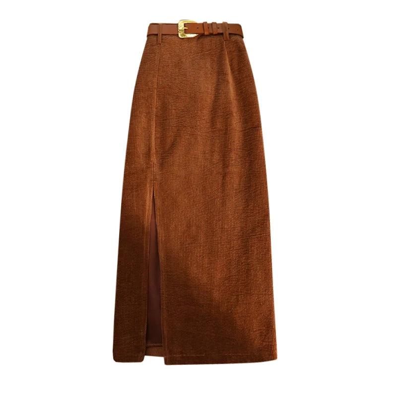 Women's Vintage Style High-Waisted Solid Color Maxi Dress With Belt Side Slit Casual Winter Dress