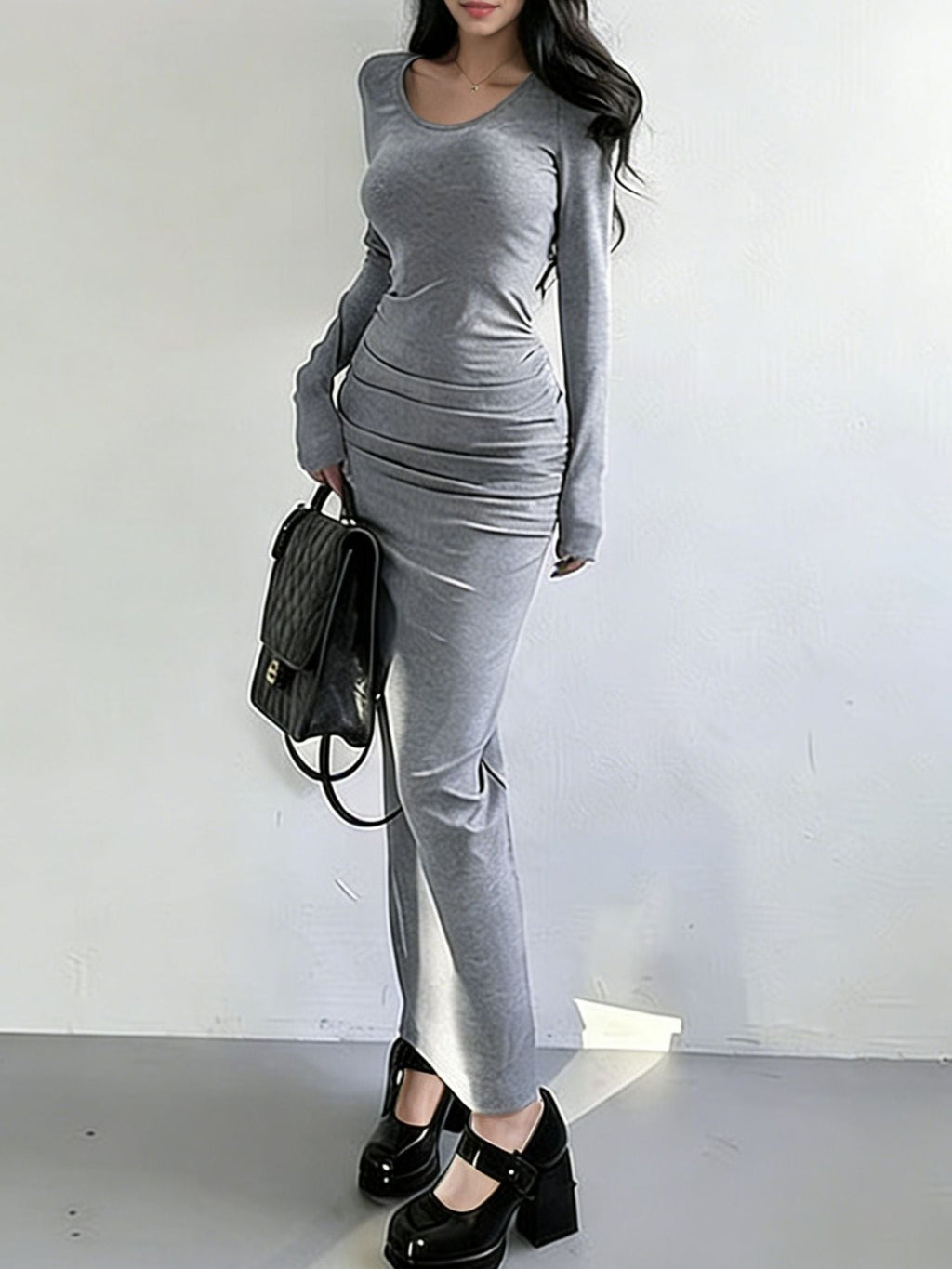 Ruched Slit Long Sleeve Bodycon Maxi Dress