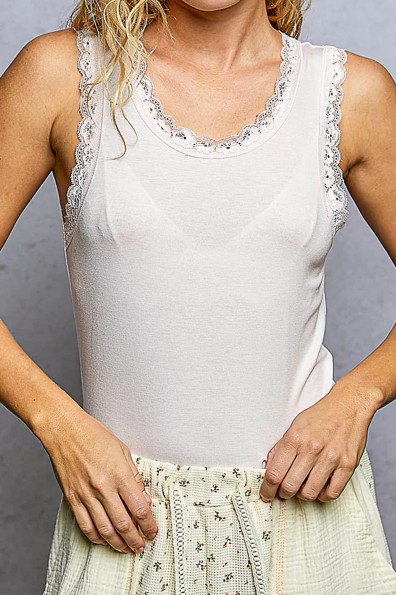 Soft Ribbed Round Neck Tank Top with Delicate Lace Trim