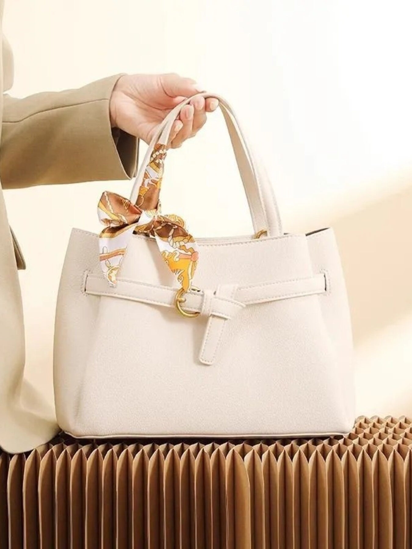 White PU Leather Top Handle Shoulder Bag with Scarf Accent