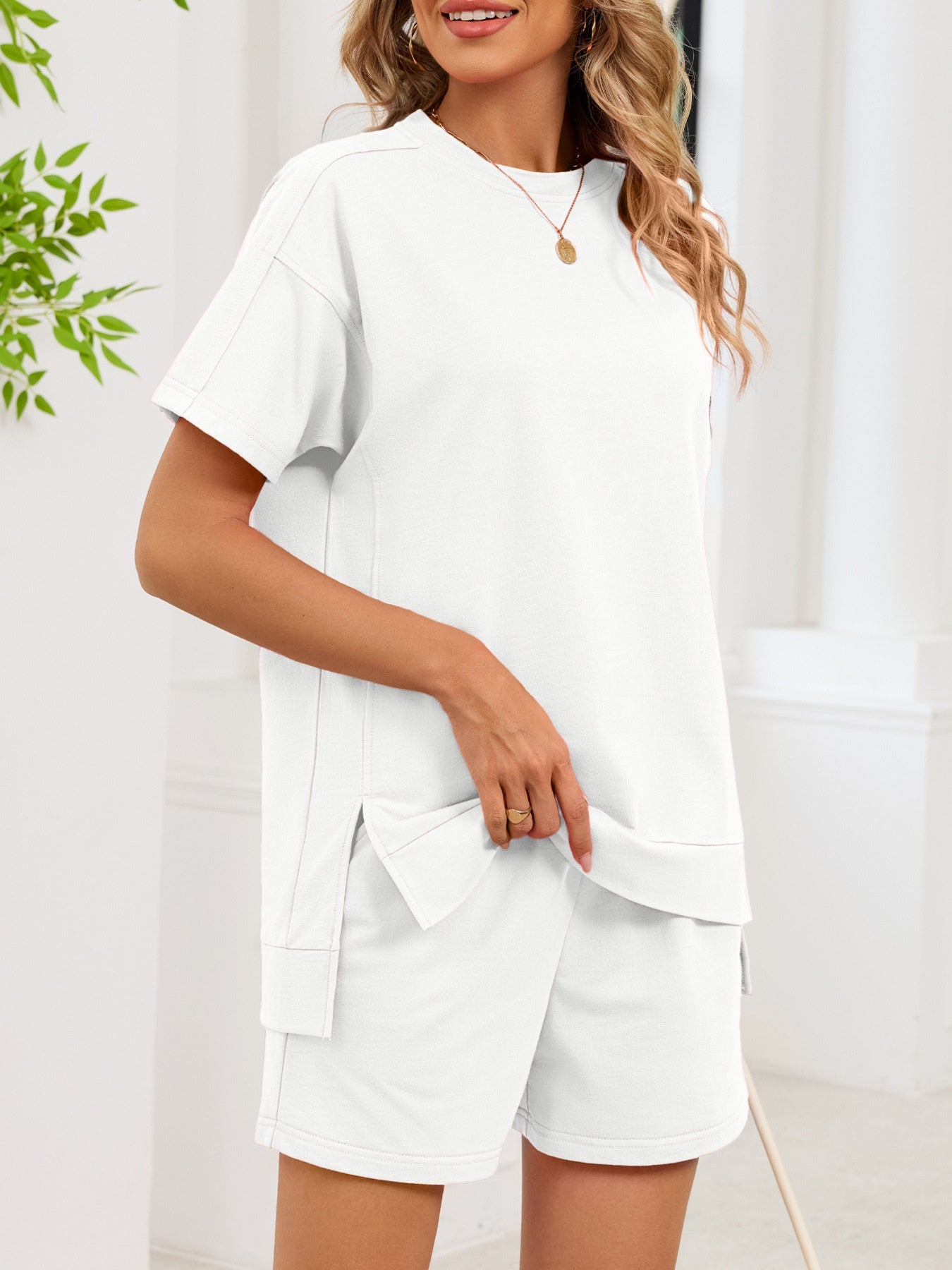 Women's Round Neck Short Sleeve T-Shirt and Shorts Lounge Set