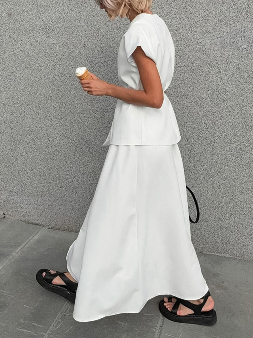 White V-Neck Two-Piece Set | Button Top & A-Line Skirt