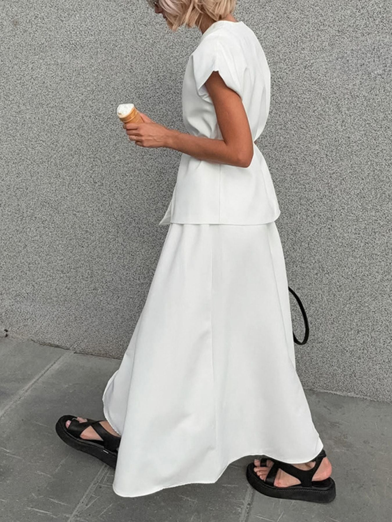 White V-Neck Two-Piece Set | Button Top & A-Line Skirt