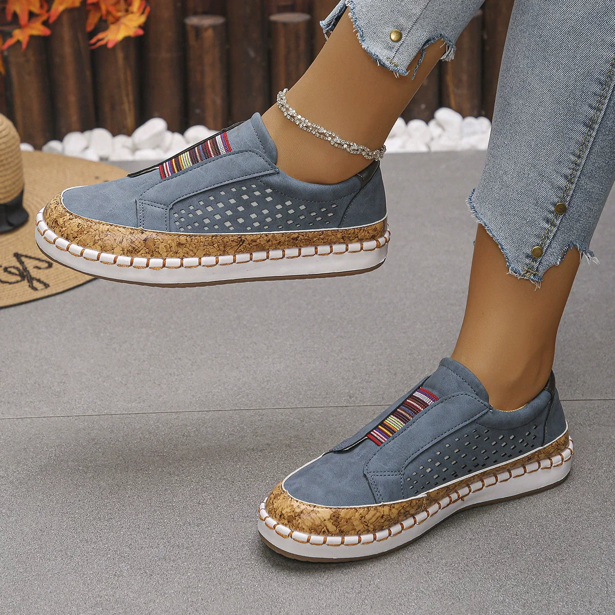 Women's Casual Slip-On Walking Sneakers with Cork Trim Detail