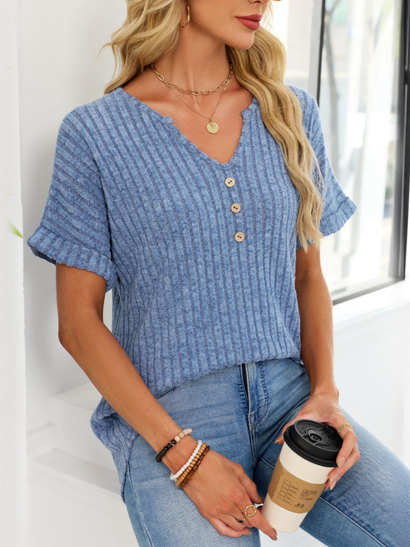 Women's Ribbed Knit Short Sleeve V-Neck T-Shirt with Buttons