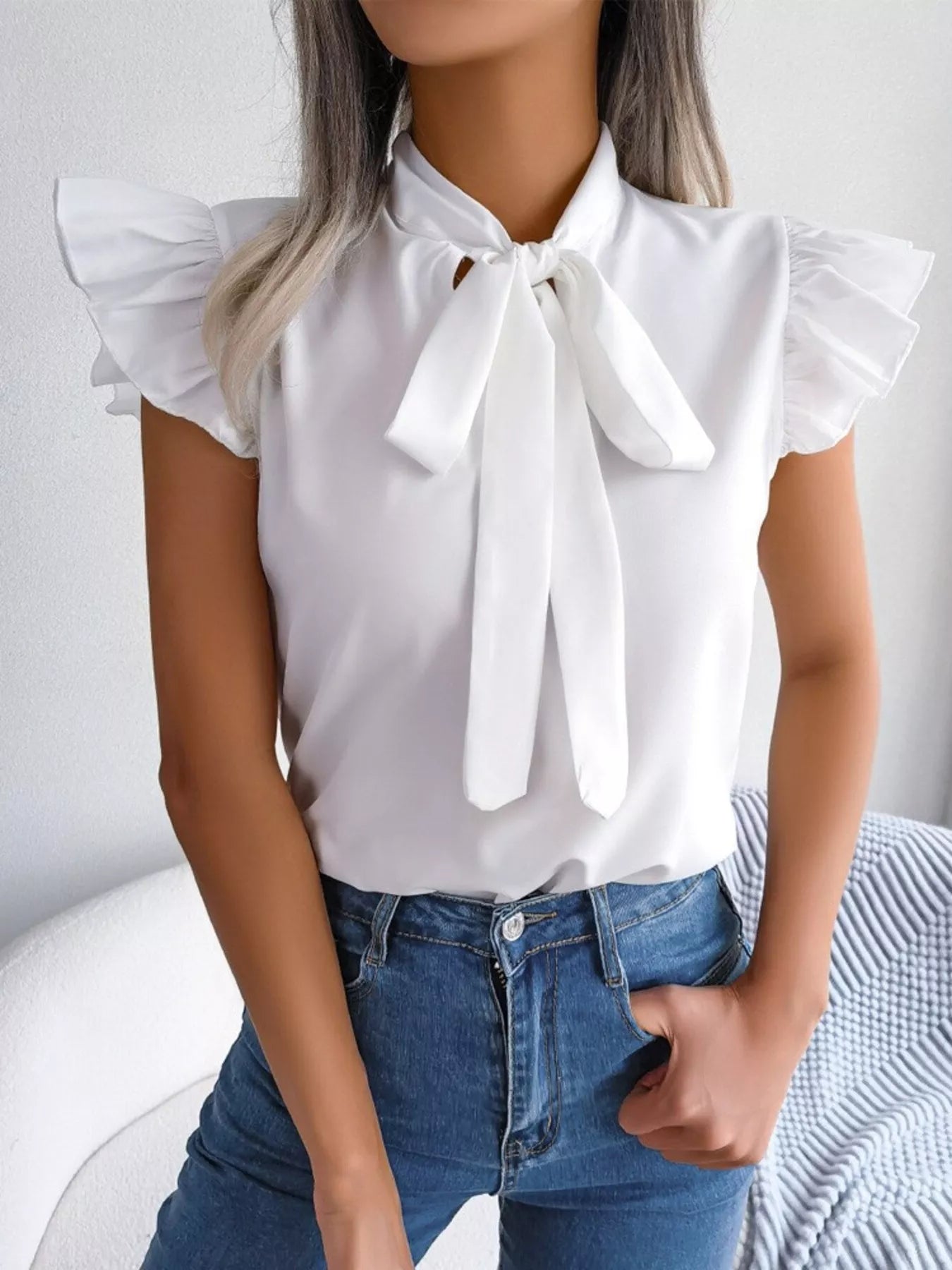 White Ruffle Sleeve Blouse with Elegant Bow Tie Detail