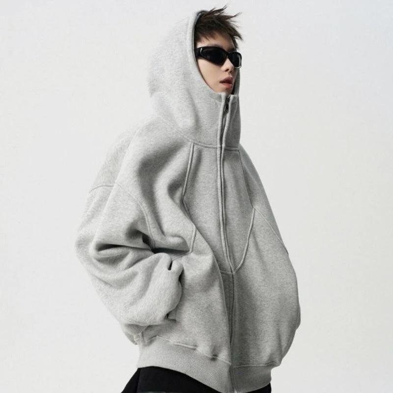 Men's Loose Design Stitching Zip-up Hooded Sweater