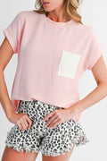 Light Blue Corded Color block Pocket Crew Neck Women's T-Shirt