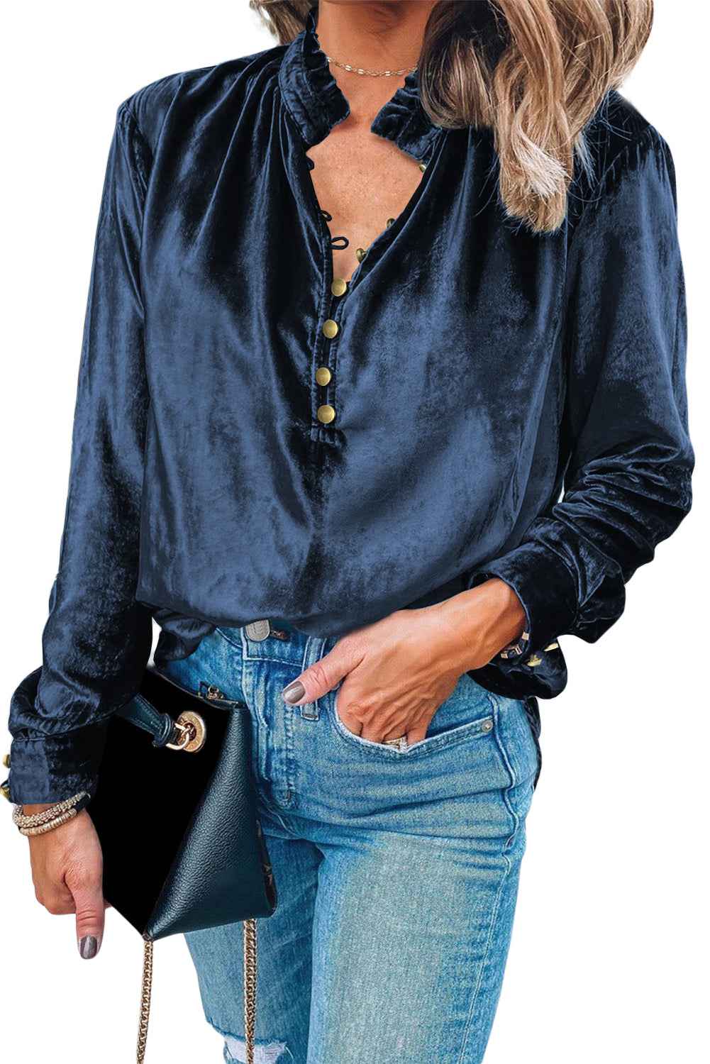 Green Frilled Neck Buttoned Front Velvet Women's Top