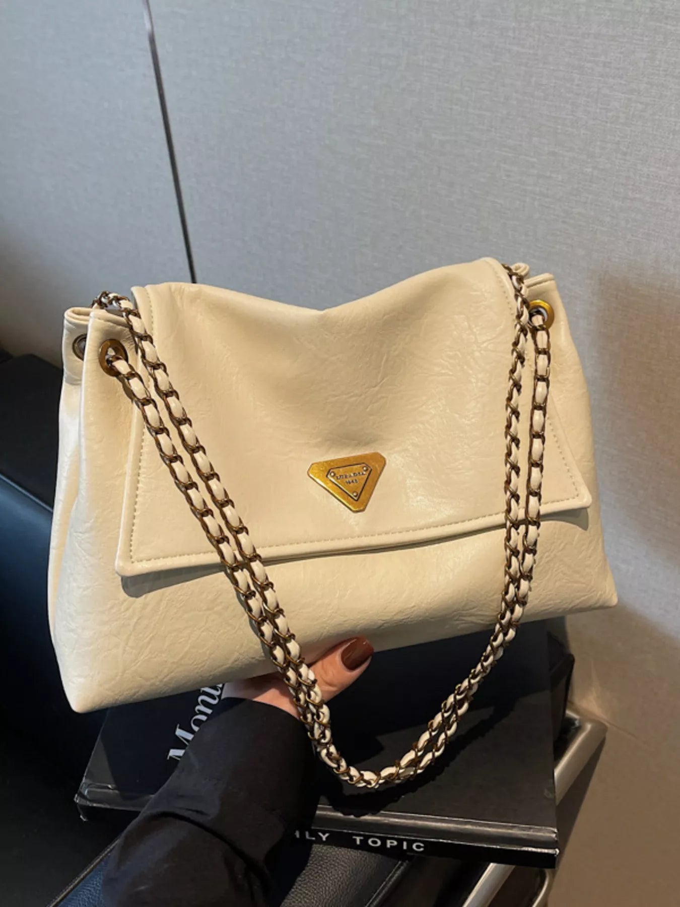 Brown Faux Leather Shoulder Bag with Metal Chain Strap