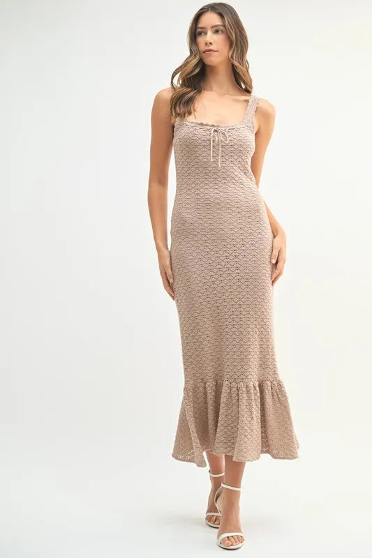 MABLE Ruffled Hem Sleeveless Crochet Knit Midi Dress