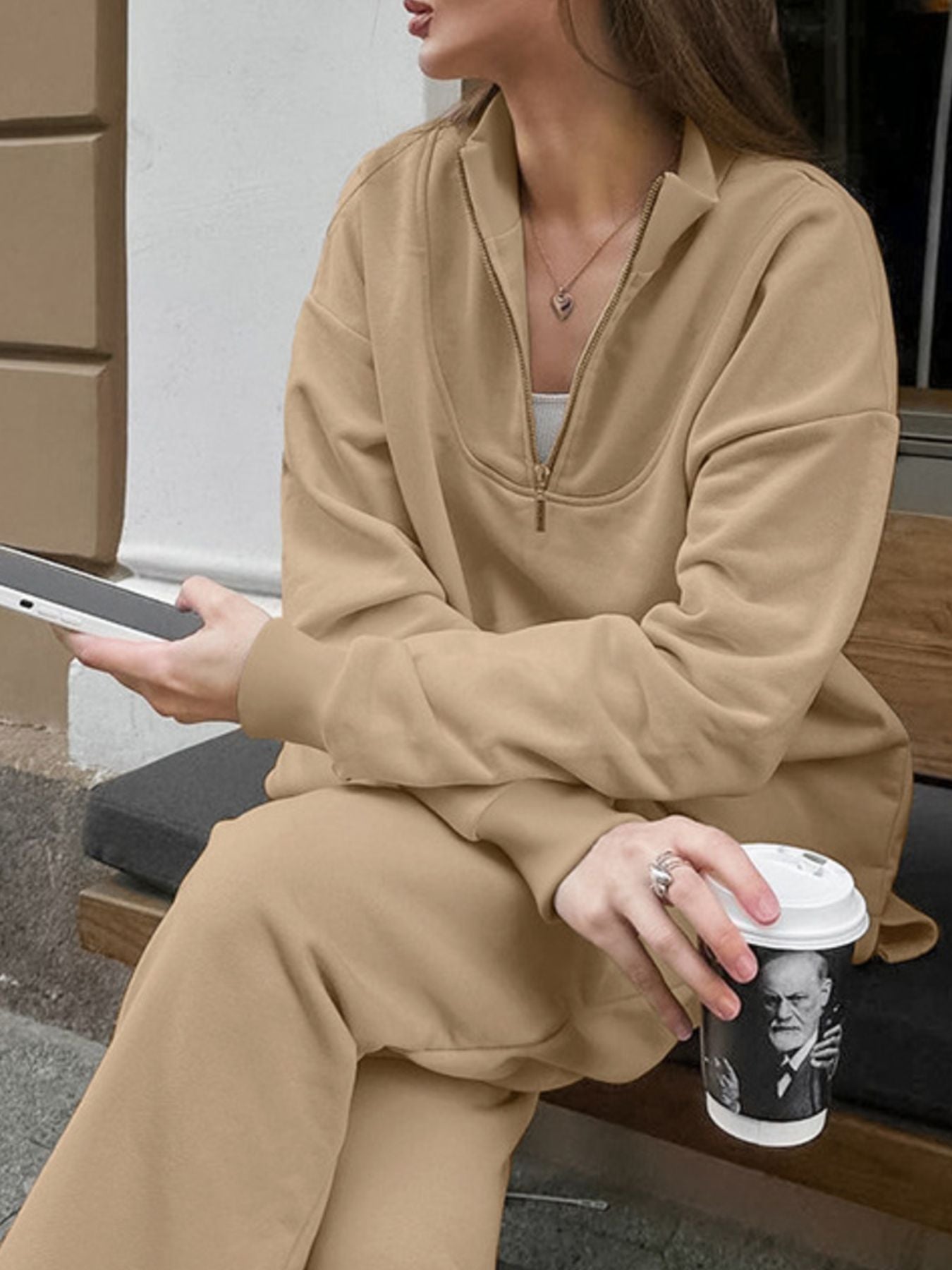 Women's Quarter Zip Long Sleeve Top & Wide Leg Pants Set Beige