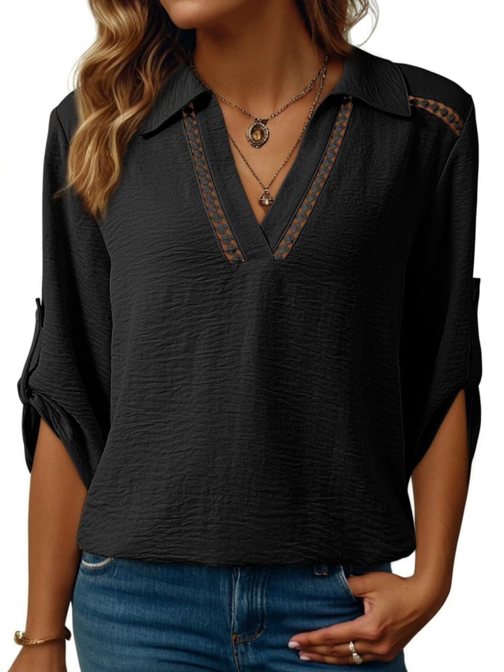 Women Johnny Collar Blouse with Cutout Details and Texture