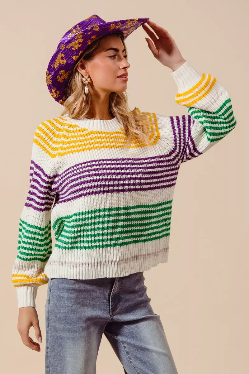 SO ME Mardi Gras Striped Raglan Sweater Top For Women Bold Colors Cozy Knit Giftable Holiday Essential