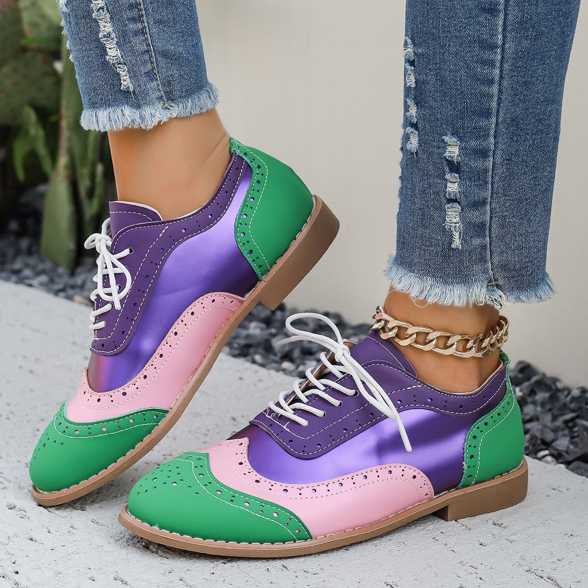 Women's Color-Block Lace-Up Flats Round Toe Casual Shoes – Plus Sizes