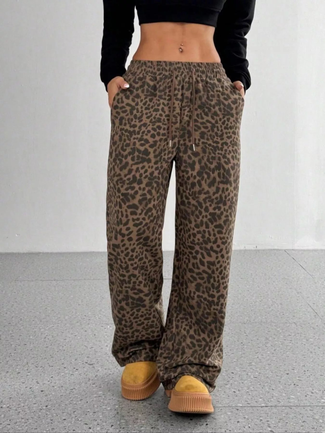 Women's Leopard Print Drawstring Wide Leg Pants Comfy Casual