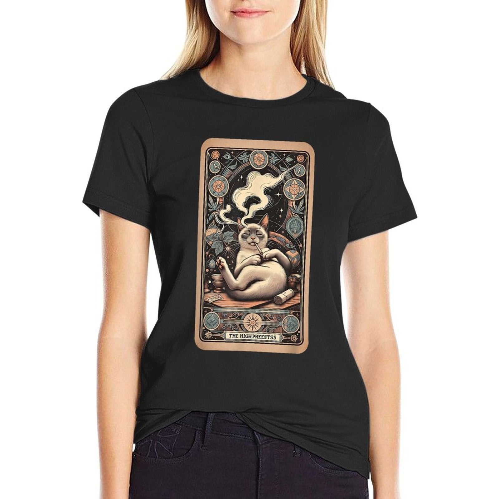 High Priestess Tarot Card Siamese Cat Smoking Weed Cannabis Men Women  Summer-ready Fabric T-Shirt
